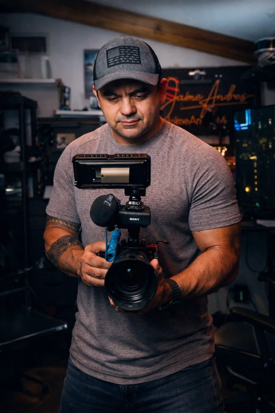 Jaime Andres in his Miami studio with a Sony cinema camera