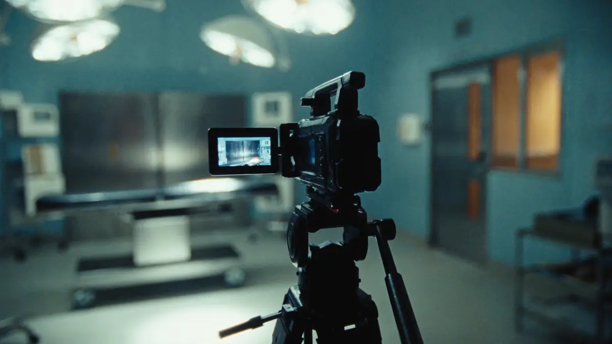 Cinema camera set up in a hospital operating room, ready to film